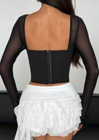 Art Black Backless Sheer Tulle Top Summer