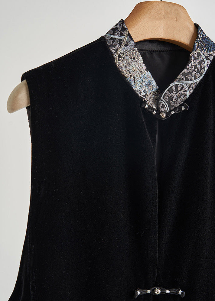 Art Black Embroidered Patchwork Silk Velvet Oriental Vests Fall