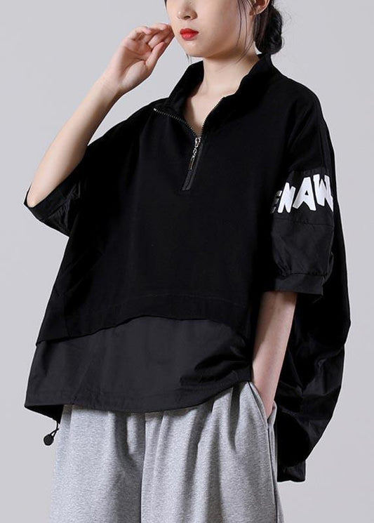 Art Black Graphic Patchwork Cotton Summer Blouse Top - SooLinen