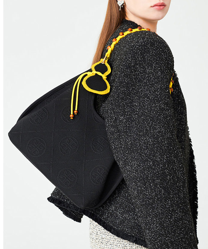 Art Black Jacquard Tasseled Cotton Women Handbag