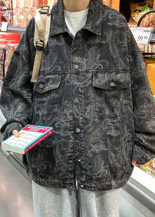 Art Black Peter Pan Collar Print Button Denim Men Coat Fall