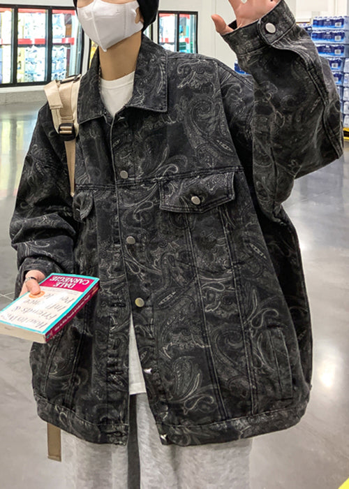 Art Black Peter Pan Collar Print Button Denim Men Coat Fall