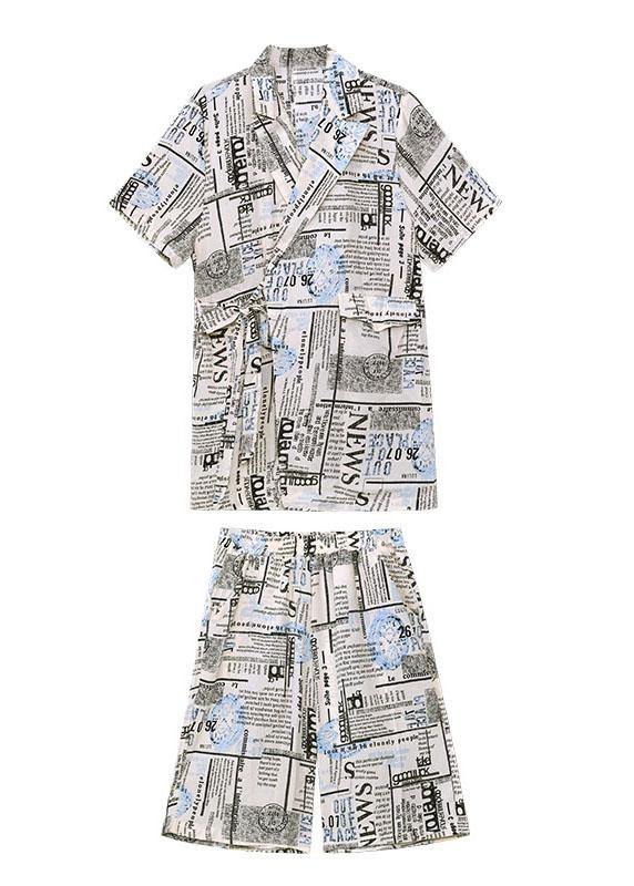 Art Black Print Summer Cinched Linen Short Sleeve Two Piece Suit Set - SooLinen