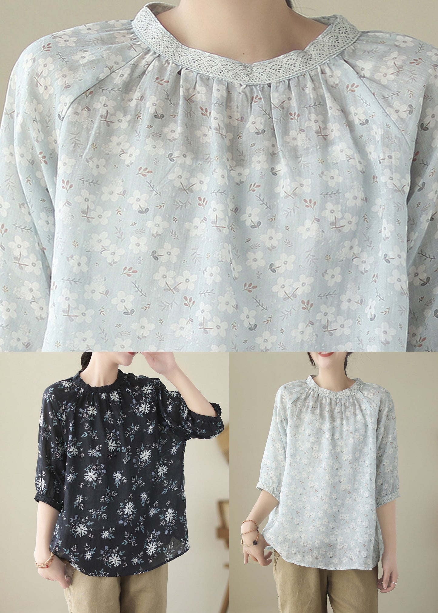 Camisa de ramio arrugada con estampado artístico negro de verano