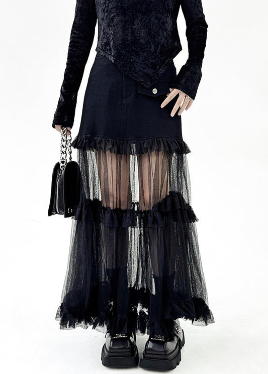 Art Black Ruffled Tulle Patchwork Skirt Summer
