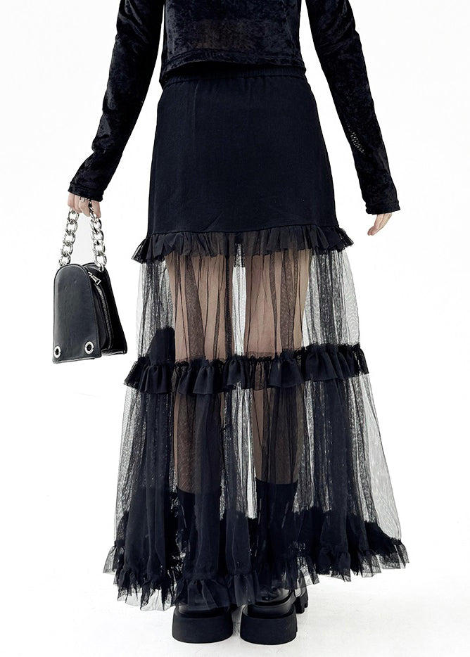 Art Black Ruffled Tulle Patchwork Skirt Summer