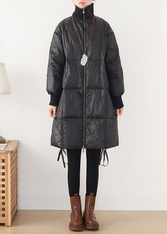 Kunst Schwarz Stehkragen Kordelzug Reißverschluss Entendaunen Lange Daunenmäntel