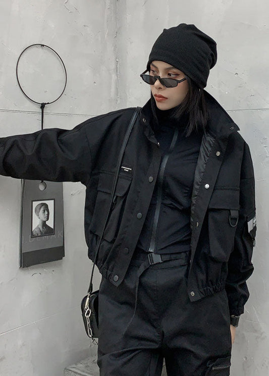 Art Black Stand Collar Pockets Button Fall Coat Long sleeve