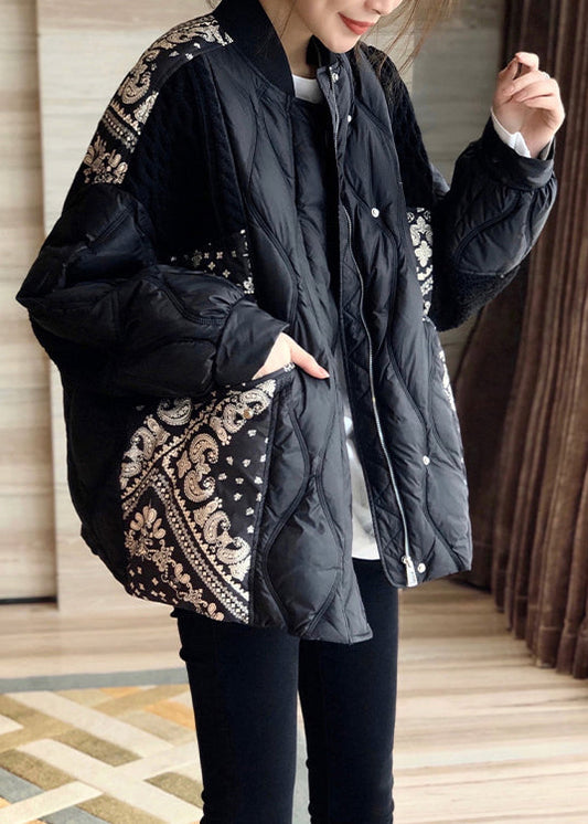 Kunst Schwarz Stehkragen Print Patchwork Reißverschluss Knopf Entendaunen Daunenmantel Winter