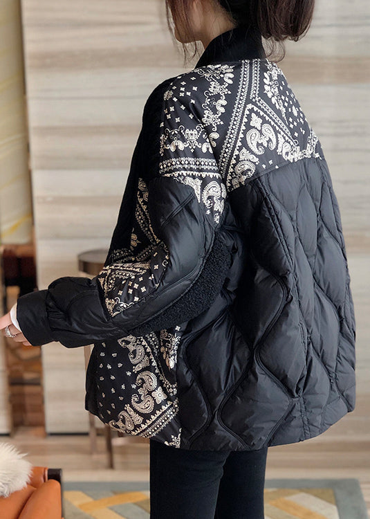 Kunst Schwarz Stehkragen Print Patchwork Reißverschluss Knopf Entendaunen Daunenmantel Winter