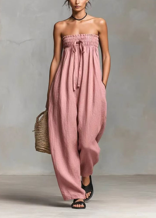 Art Black Strapless Drawstring Cotton Jumpsuits Sleeveless