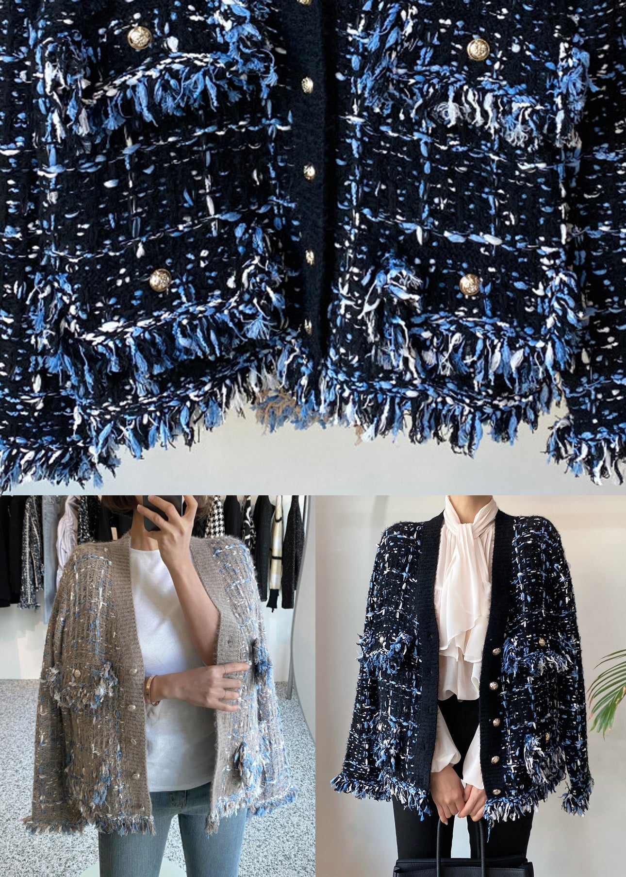 Schwarzer Strickmantel aus Baumwolle mit V-Ausschnitt, Knopftaschen, Frühlingskollektion