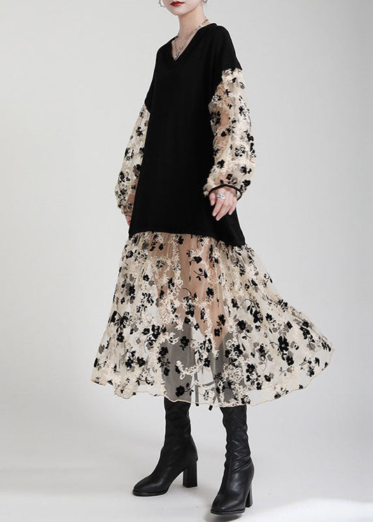 Kunst Schwarz V-Ausschnitt Patchwork Taschen Print Herbst Urlaub Kleider Langarm