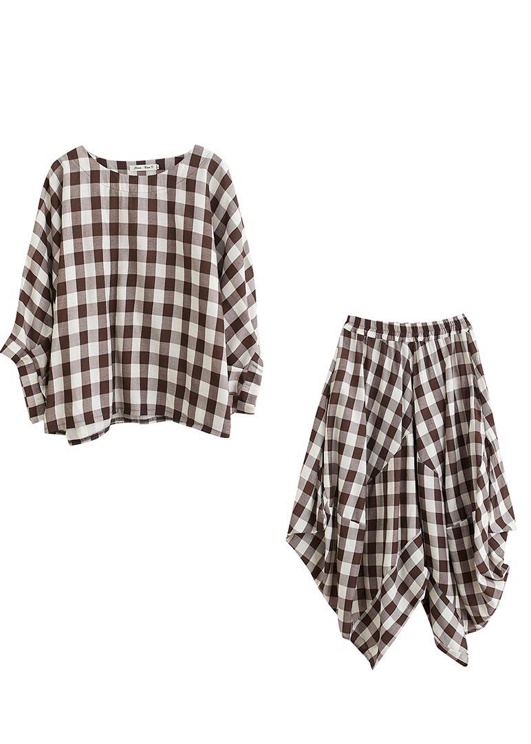 Art Black White Plaid Batwing Sleeve Two Piece Set Women Clothing Summer Cotton Linen - SooLinen