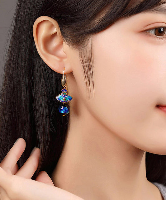 Pendientes colgantes de abanico con esmalte cloisonné de cobre azul artístico
