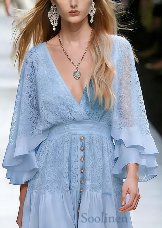 Art Blue Lace Patchwork Tunic Mid Dress Spring