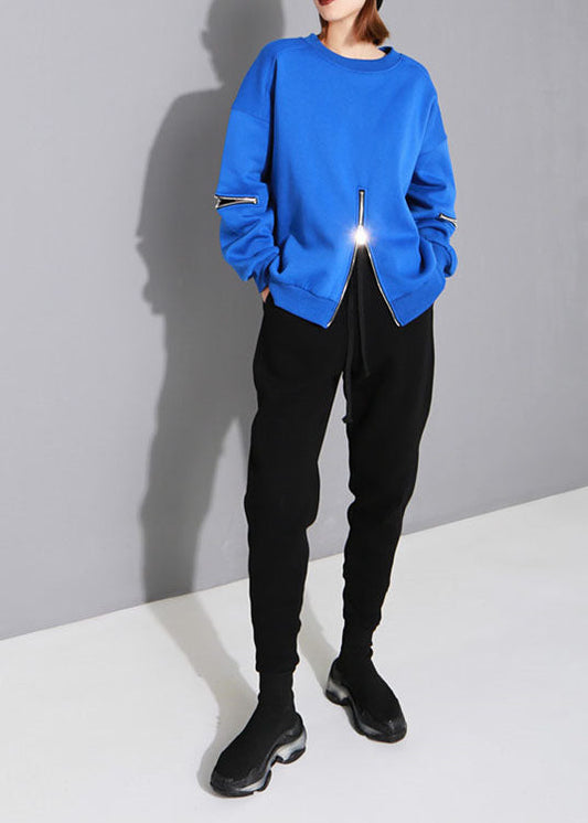 Art Blue O-Ausschnitt Reißverschluss Loose Fall Pullover Street Wear