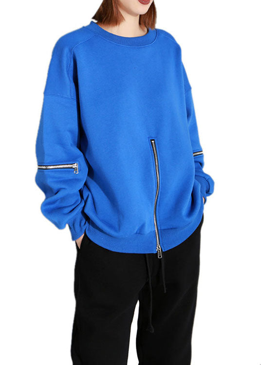Art Blue O-Ausschnitt Reißverschluss Loose Fall Pullover Street Wear