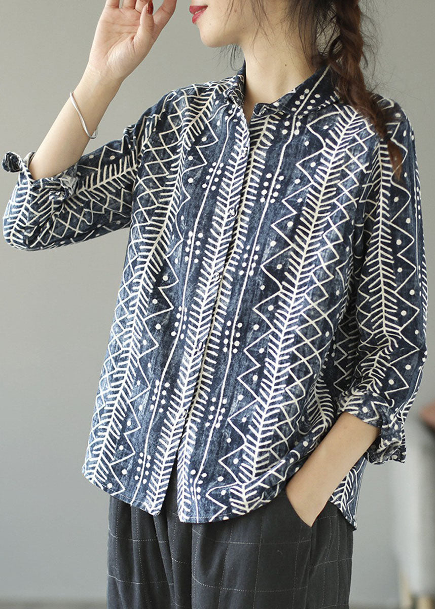 Kunst Blau Peter Pan Kragen Druck Patchwork Baumwolle Shirts Tops Frühling