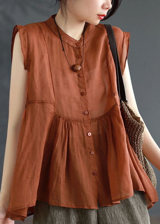 Top de lino con cuello alto y diseño de patchwork arrugado en azul artístico sin mangas