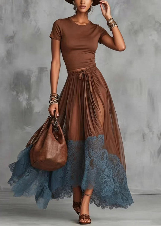 Art Brown O-Neck Top And Patchwork Lace Skirts Two Pieces Set Short Sleeve