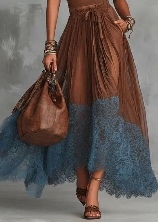 Art Brown O-Neck Top And Patchwork Lace Skirts Two Pieces Set Short Sleeve