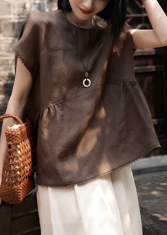 Art Brown Oversized Patchwork Wrinkled Linen Tank Tops Summer
