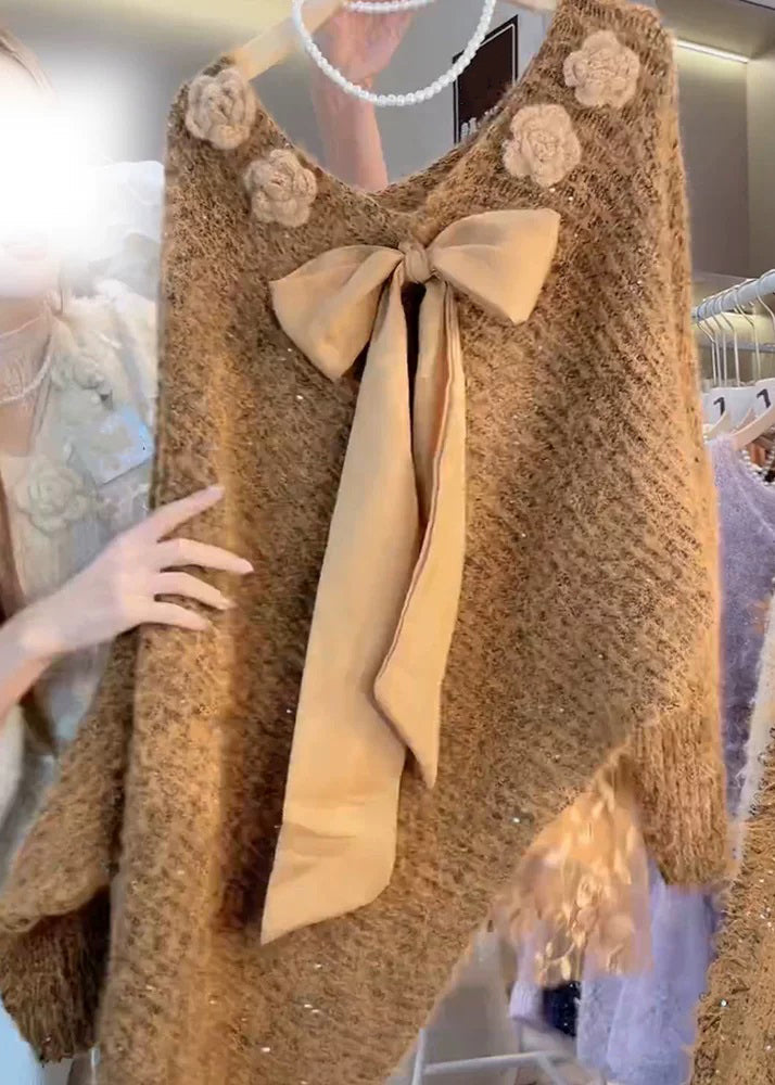 Suéter de punto con lazo floral y mangas murciélago Art Coffee