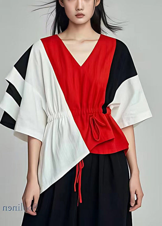 Art Colorblock Asymmetrische Patchwork Baumwolle Cinched Shirt Sommer