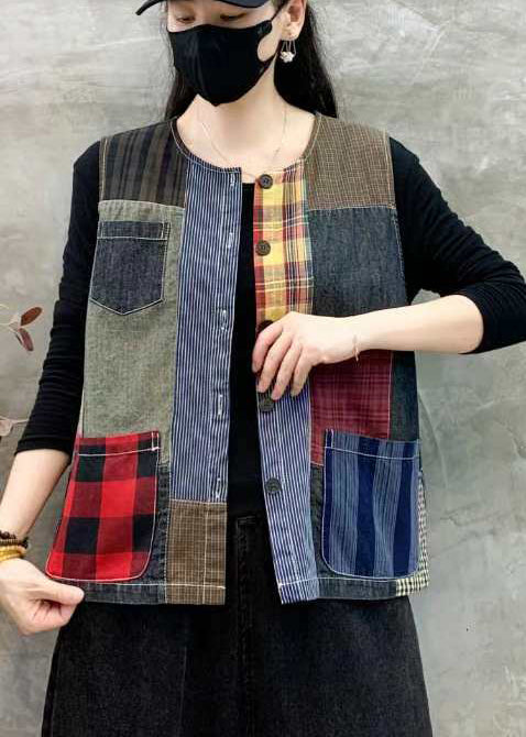 Art Colorblock Asymmetrical Patchwork Cotton Vests Summer