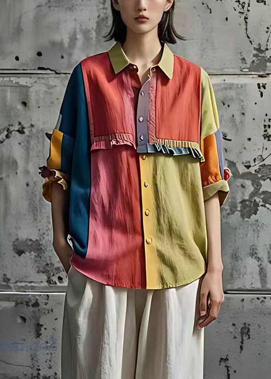 Art Colorblock Rüschen Patchwork Leinen Tops Sommer