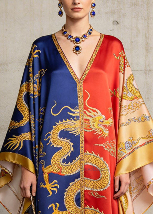 Art ColorblockC Oversized Print Silk Dress Batwing Sleeve