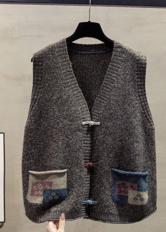 Art Dark Blue Chinese Button Patchwork Pockets Knitted Vests Winter