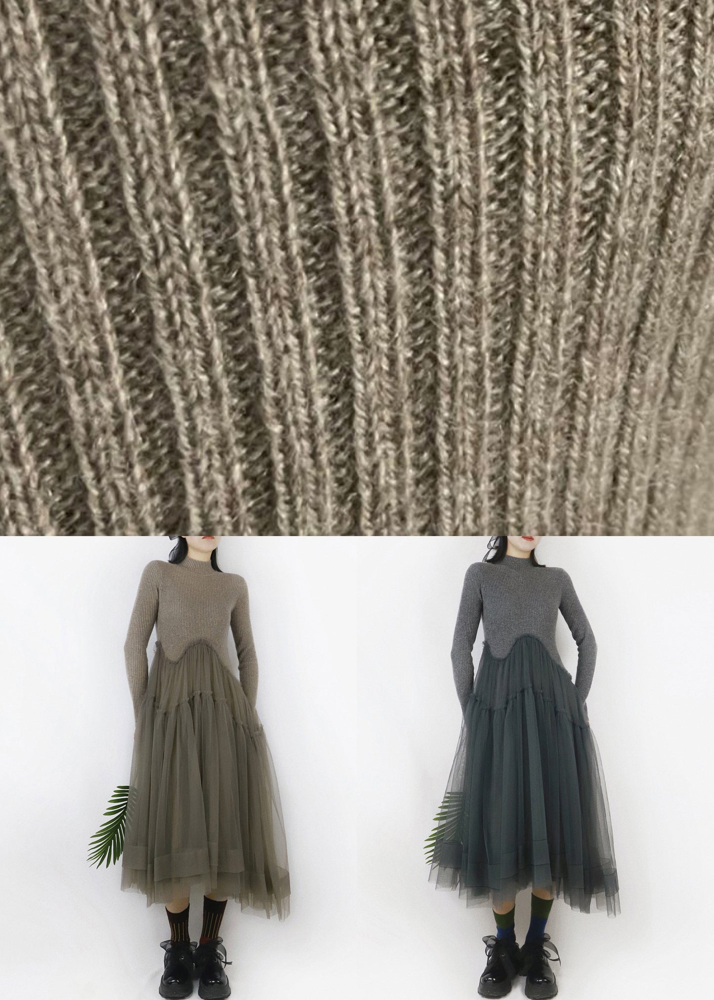 Art Dark Gray Asymmetrical Tulle Patchwork Sweater Dress Winter