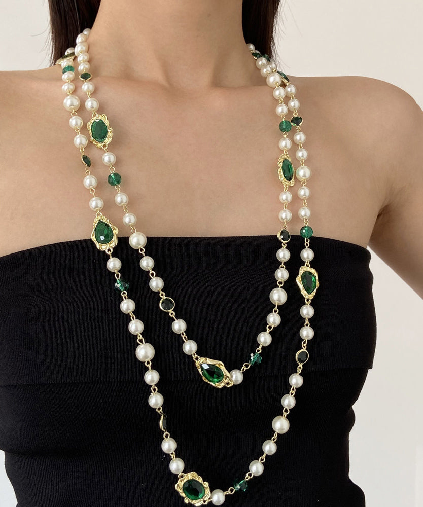 Art Green Copper Overgild Gem Stone Patchwork Glass Multiple Layers Gratuated Bead Necklace