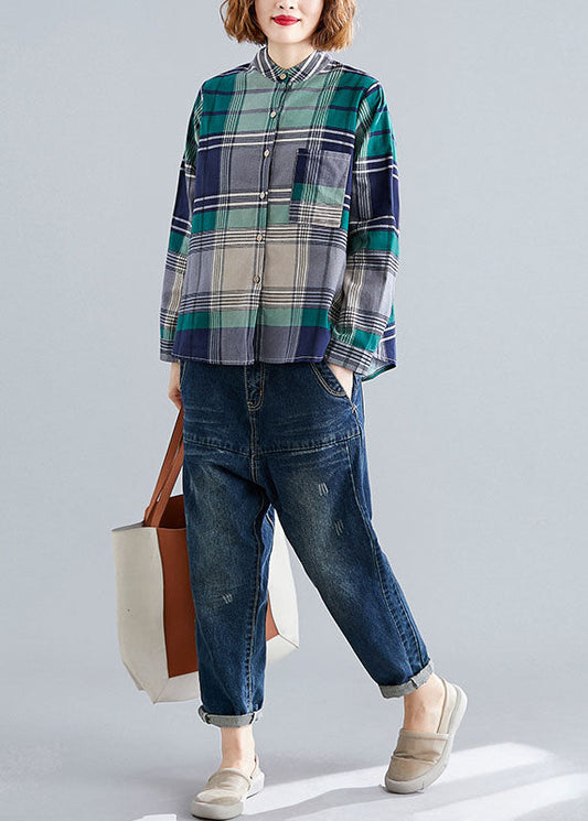 Art Green Taschen Knopf Patchwork Herbst Plaid Langarm Top