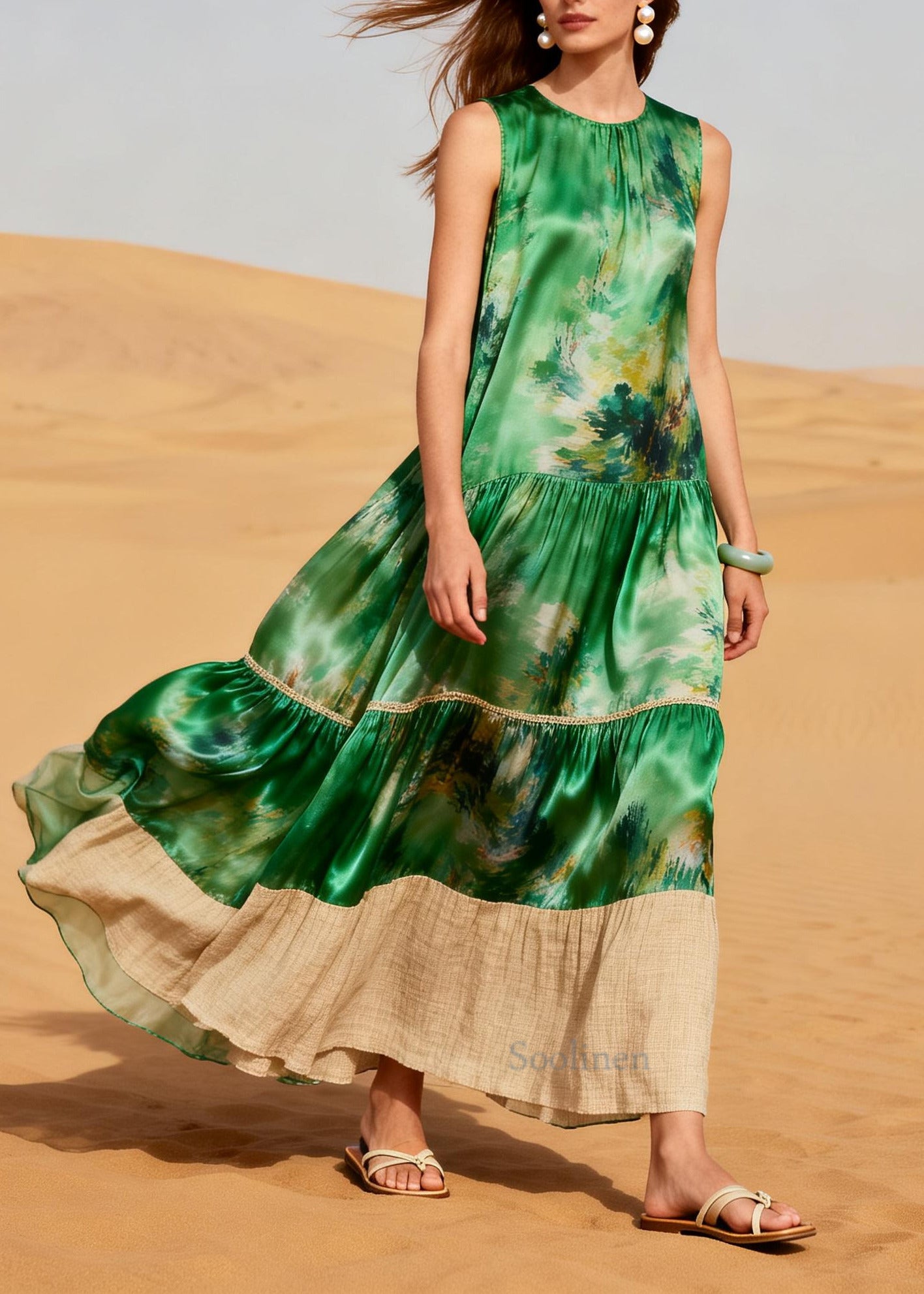 Art Green Print Patchwork Exra Large Hem Silk Long Dress Summer