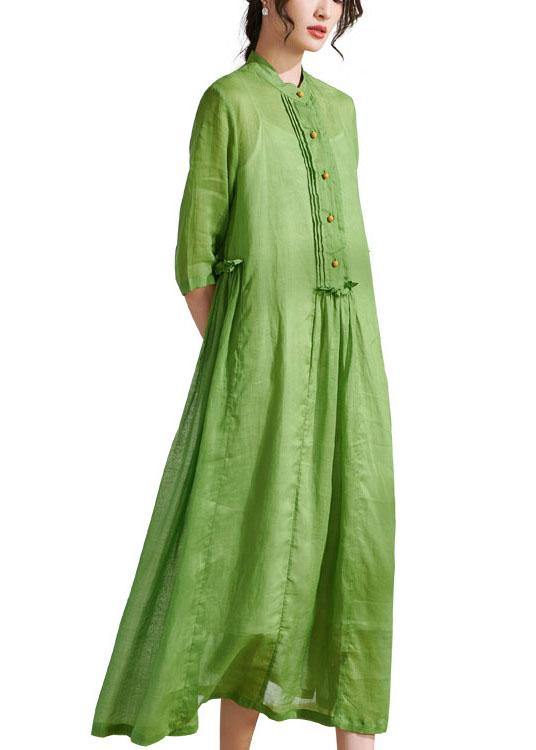 Art Green Ruffled Button Summer Ramie Party Dresses Half Sleeve - SooLinen