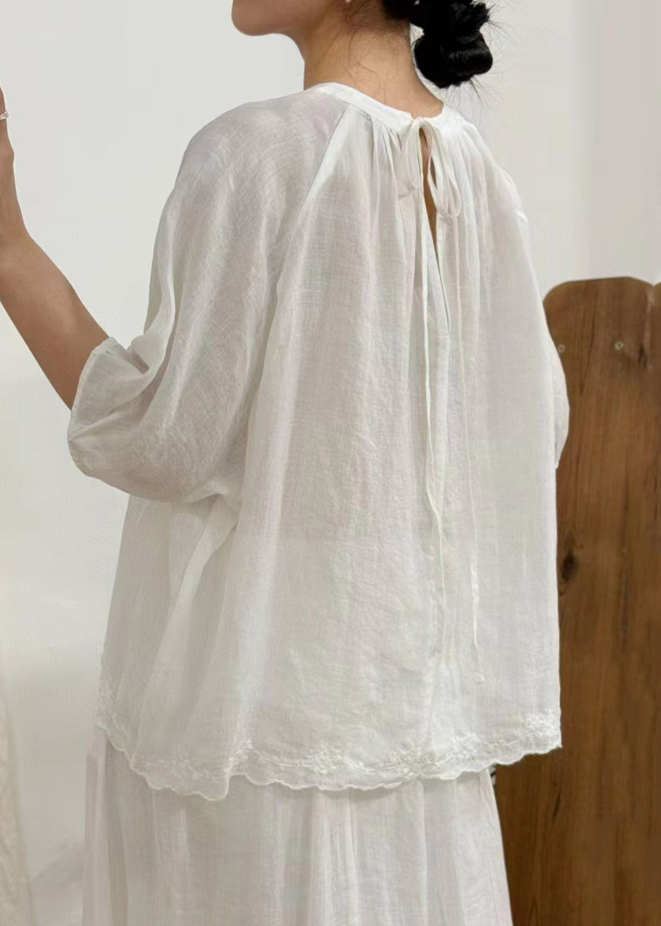 Art Green Wrinkled Lace Solid Linen Blouse Half Sleeve