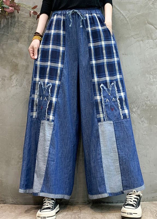 Art Grey Embroidered Patchwork Denim Wide Leg Pants Summer