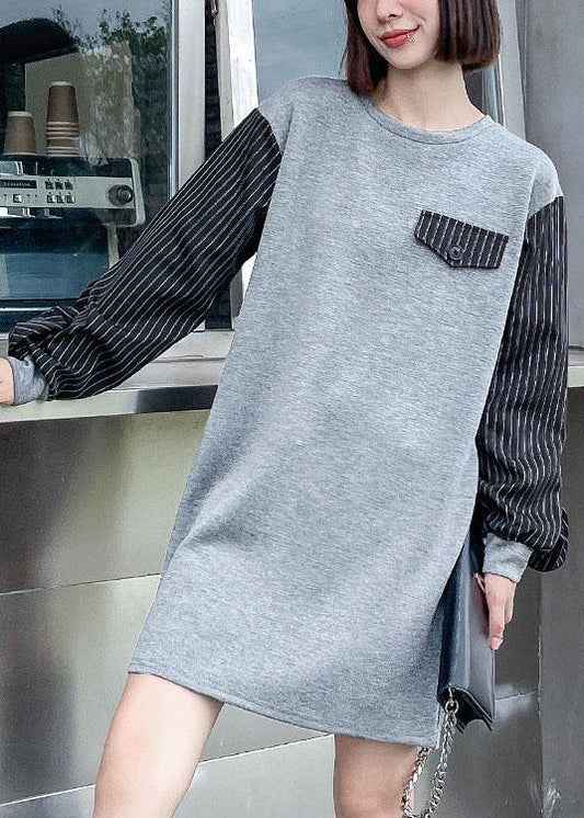 Art Grey Ruffles Patchwork Button Fall Dress Long Sleeve - SooLinen