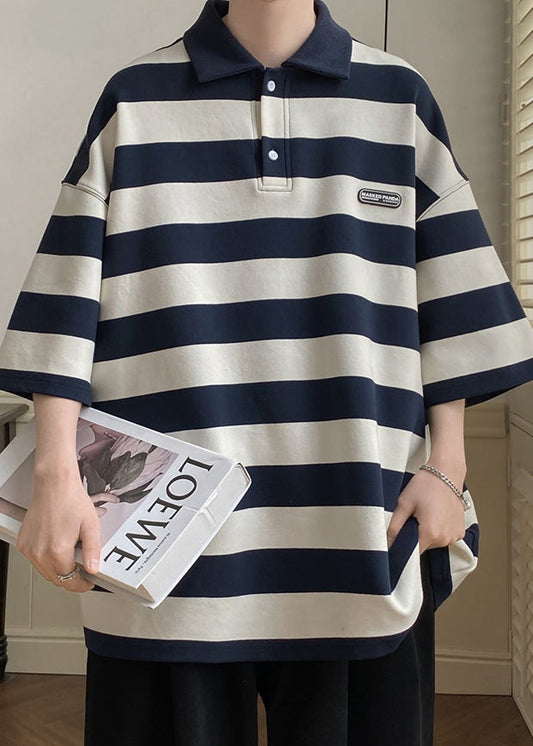 Art Grey Striped Button Cotton Mens Polo Shirts Half Sleeve