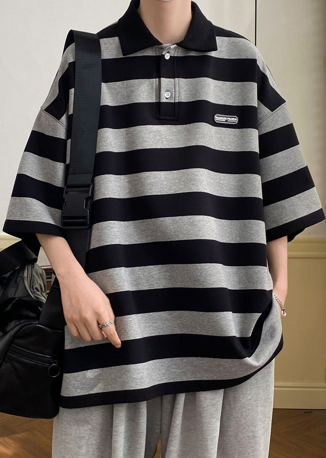 Art Grey Striped Button Cotton Mens Polo Shirts Half Sleeve