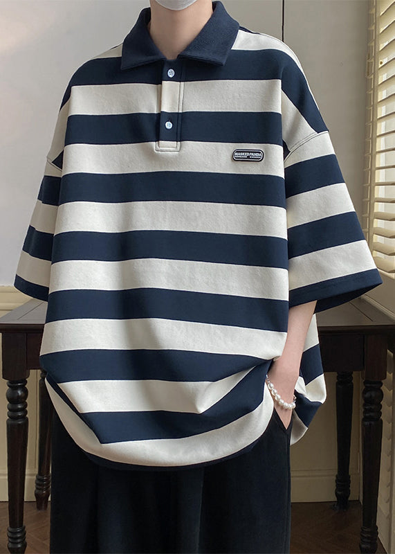 Art Grey Striped Button Cotton Mens Polo Shirts Half Sleeve