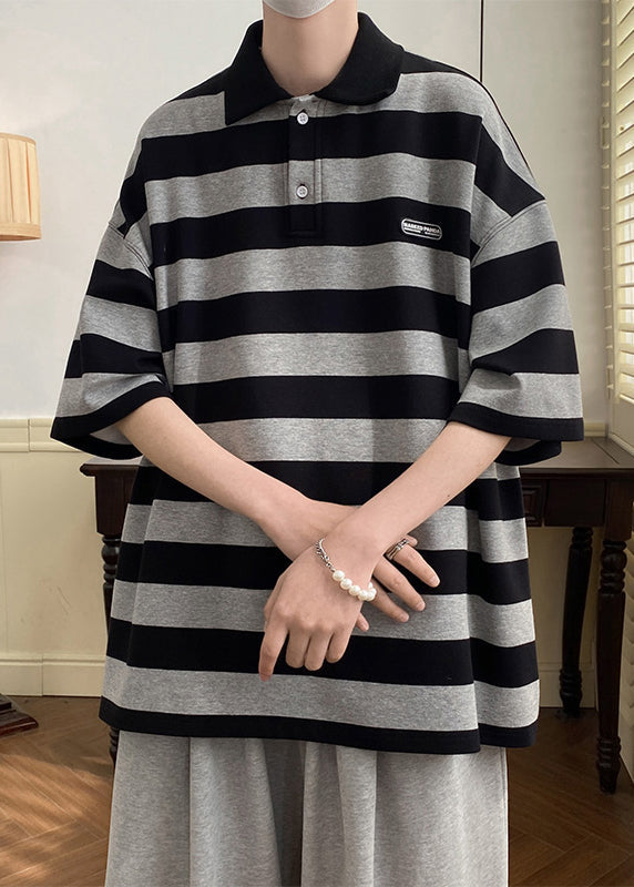 Art Grey Striped Button Cotton Mens Polo Shirts Half Sleeve