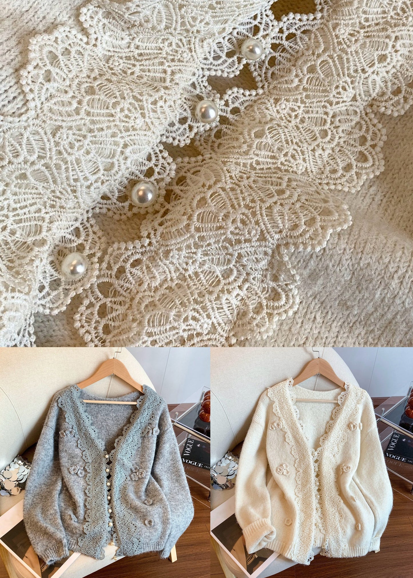 Graue Strickmäntel mit V-Ausschnitt, Spitzen-Patchwork, Winter