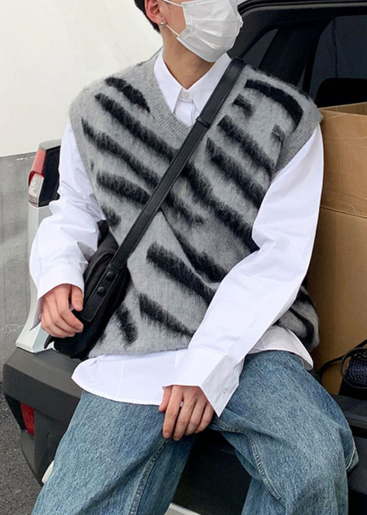 Art Grey V Neck Striped Knit Mens Vest Sleeveless