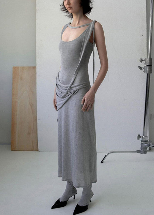 Art Grey Wrinkled Solid Cotton Spaghetti Strap Dress Sleeveless