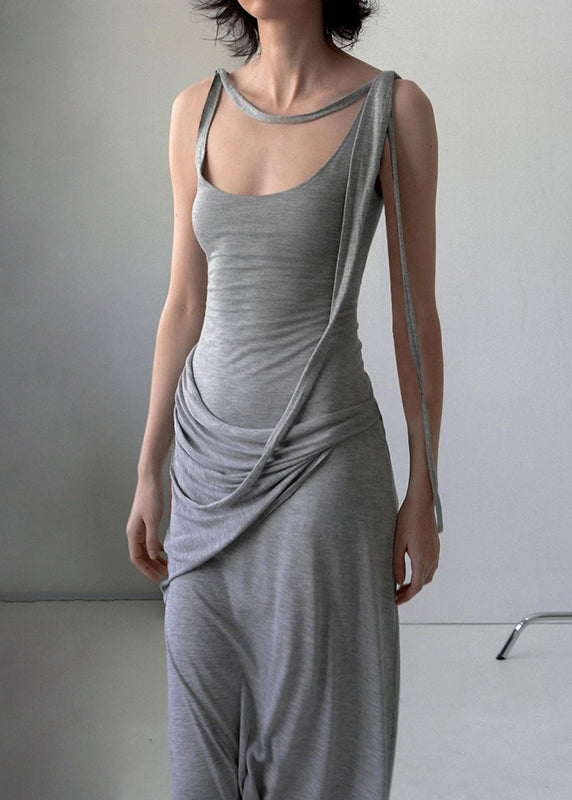 Art Grey Wrinkled Solid Cotton Spaghetti Strap Dress Sleeveless