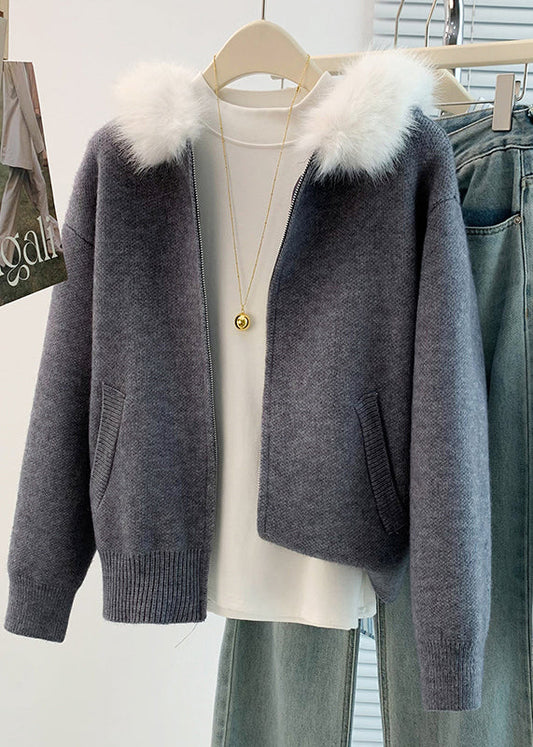 Khakifarbene Kapuzenpullover mit Pelzkragen, warm gestrickt, Winterbekleidung